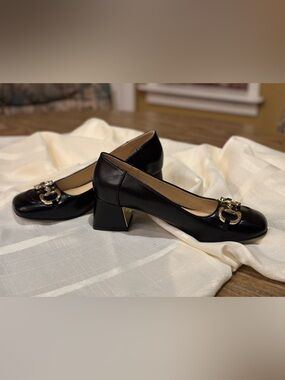 Liz Claiborne Black Leather Block Heels with Gold Accent
